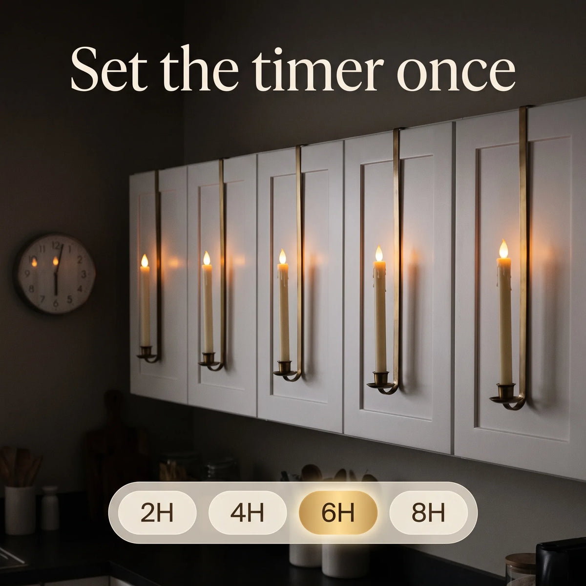 Candles glowing in a kitchen at night with 2, 4, 6 and 8 hour timer options