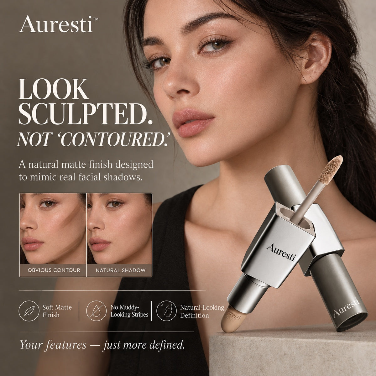 Woman with naturally defined cheekbones holding the contour stick, comparing an obvious contour line with a soft blended shadow