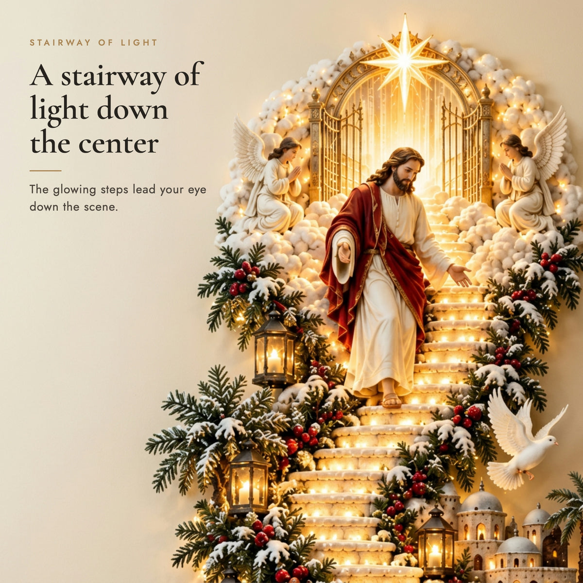 Close-up of the glowing stairway with Jesus beneath heaven's gate and a radiant star