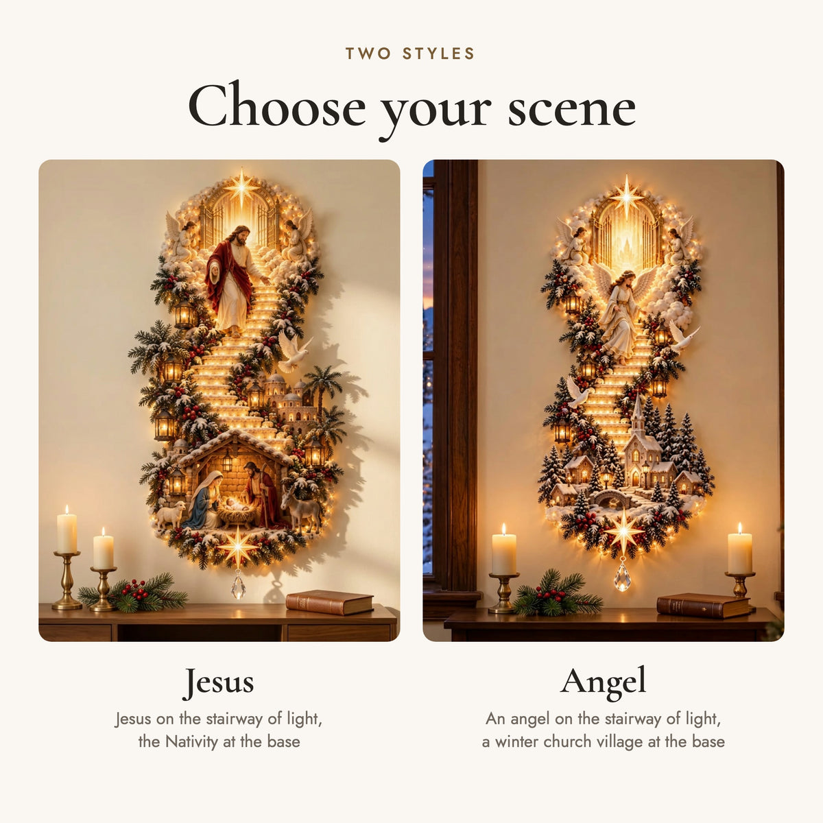 Choose your scene: Jesus style with the Nativity, or Angel style with a winter church village