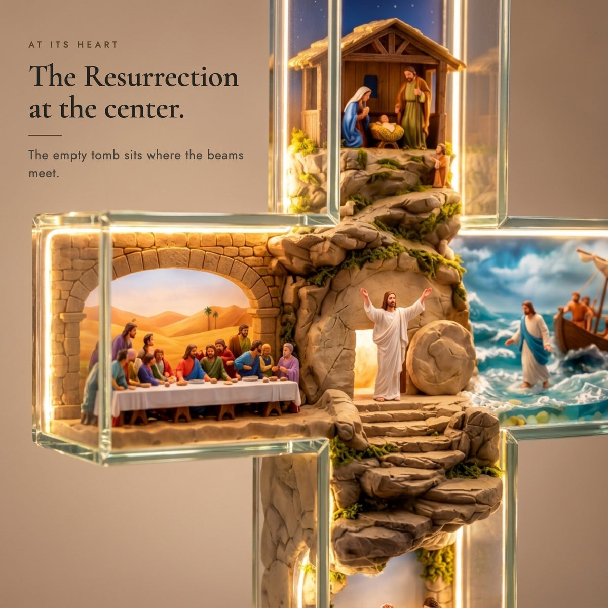 The empty tomb and risen Jesus at the center of the light-up cross