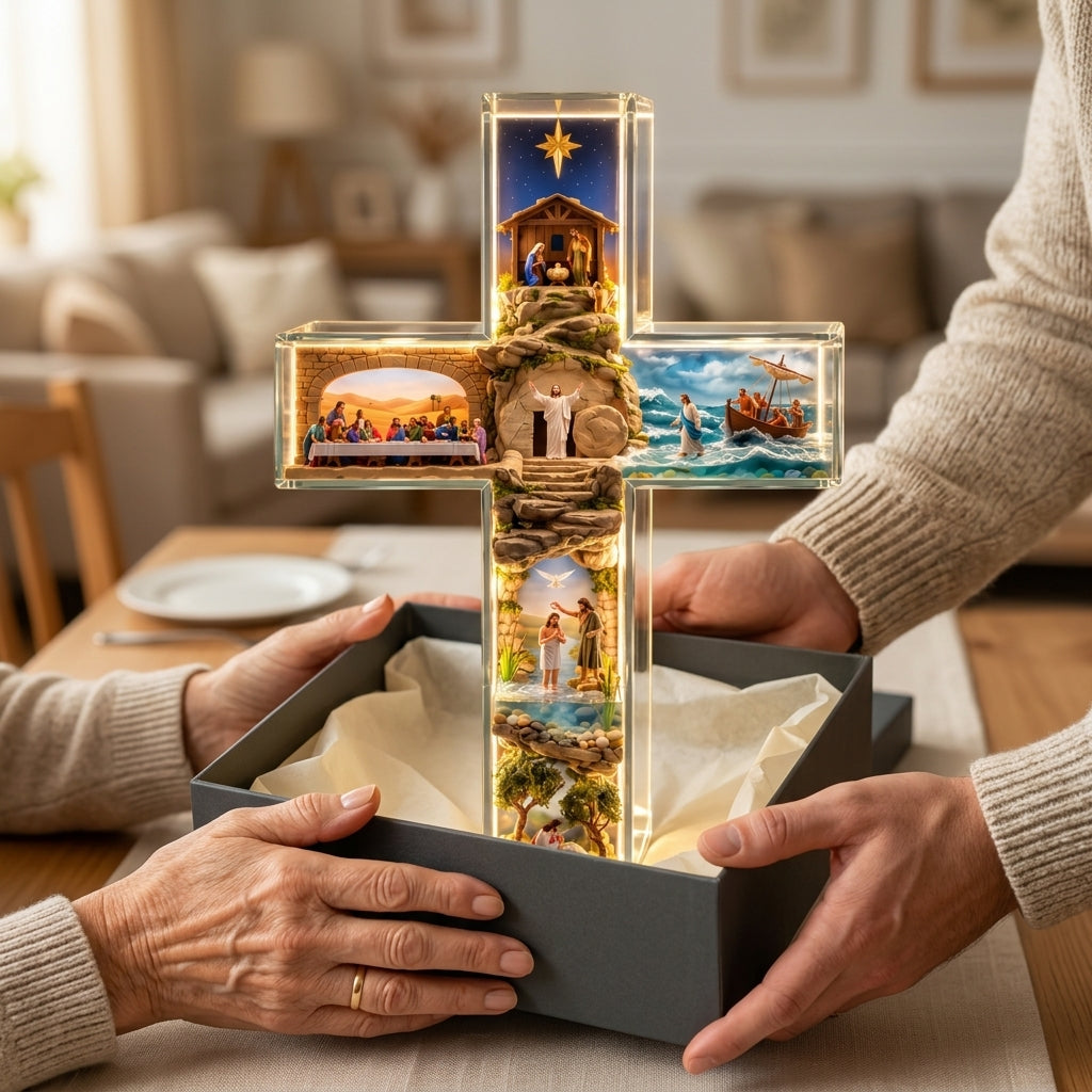 Light-up cross being given as a gift