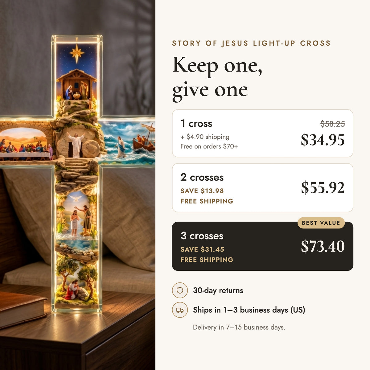 Bundle pricing: 1 cross $34.95, 2 crosses $55.92, 3 crosses $73.40, free shipping on 2- and 3-packs